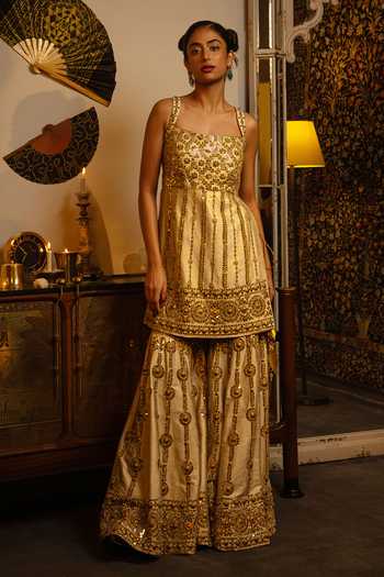 Buy_Vandana Sethi_Gold Dupion Sequins, Zari, Mirrors Silk Kurta Set With Sharara And Dupatta _Online_at_Aza_Fashions