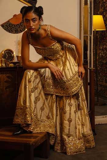 Shop_Vandana Sethi_Gold Dupion Sequins, Zari, Mirrors Silk Kurta Set With Sharara And Dupatta _Online_at_Aza_Fashions