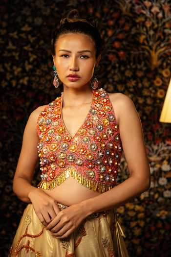 Buy_Vandana Sethi_Gold Organza Embroidery, Sequins, Metal And Beadwork Lehenga Set With Dupatta _Online_at_Aza_Fashions