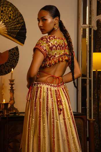 Shop_Vandana Sethi_Gold Silk Embroidery, Sequins, Mirrors Round Neck Raw Lehenga Set _at_Aza_Fashions