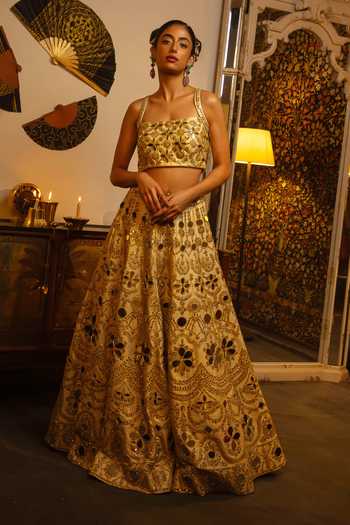 Buy_Vandana Sethi_Gold Silk Mirrors Square Neck Work Raw Lehenga Set _Online_at_Aza_Fashions