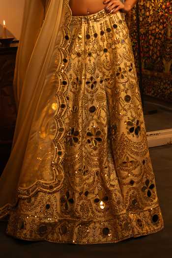 Shop_Vandana Sethi_Gold Silk Mirrors Square Neck Work Raw Lehenga Set _Online_at_Aza_Fashions