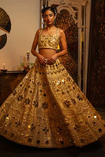 Vandana Sethi_Gold Silk Mirrors Square Neck Work Raw Lehenga Set _at_Aza_Fashions
