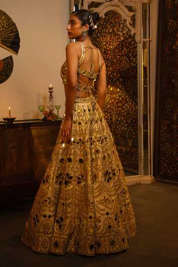 Shop_Vandana Sethi_Gold Silk Mirrors Square Neck Work Raw Lehenga Set _at_Aza_Fashions