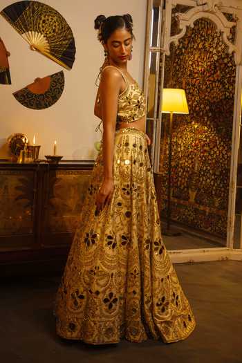 Shop_Vandana Sethi_Gold Silk Mirrors Square Neck Work Raw Lehenga Set 