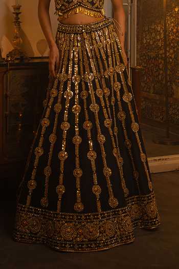Vandana Sethi_Black Dupion Sequins, Mirrors, Metallic Thread V-neck And Work Silk Lehenga Set _Online_at_Aza_Fashions