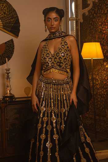 Shop_Vandana Sethi_Black Dupion Sequins, Mirrors, Metallic Thread V-neck And Work Silk Lehenga Set _Online_at_Aza_Fashions