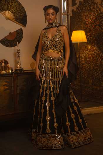 Buy_Vandana Sethi_Black Dupion Sequins, Mirrors, Metallic Thread V-neck And Work Silk Lehenga Set _at_Aza_Fashions