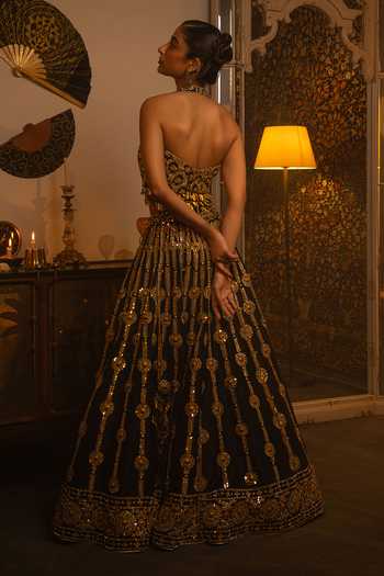 Shop_Vandana Sethi_Black Dupion Sequins, Mirrors, Metallic Thread V-neck And Work Silk Lehenga Set _at_Aza_Fashions