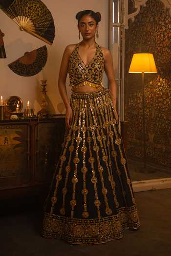 Vandana Sethi_Black Dupion Sequins, Mirrors, Metallic Thread V-neck And Work Silk Lehenga Set _at_Aza_Fashions