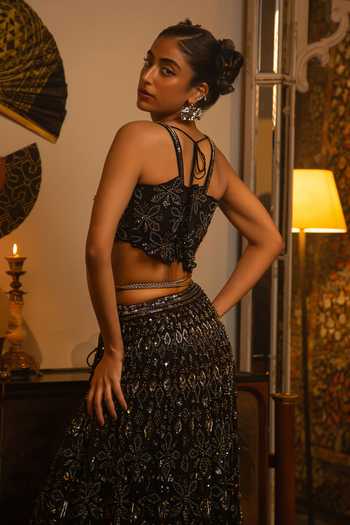 Shop_Vandana Sethi_Black Net Sequins Square Neck Embroidered Lehenga Set _at_Aza_Fashions