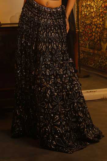 Vandana Sethi_Black Net Sequins Square Neck Embroidered Lehenga Set _Online_at_Aza_Fashions