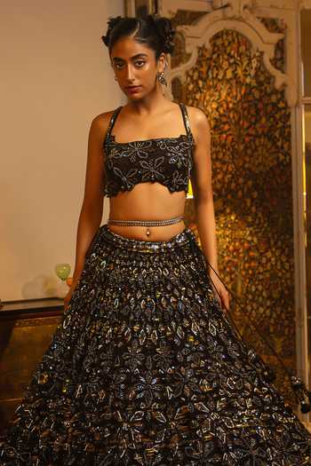 Shop_Vandana Sethi_Black Net Sequins Square Neck Embroidered Lehenga Set _Online_at_Aza_Fashions