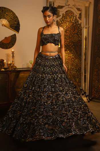 Vandana Sethi_Black Net Sequins Square Neck Embroidered Lehenga Set _at_Aza_Fashions