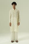 Buy_Shwetanga_Ivory Silk, Crepe Sequins, Checkered Droplets Semi-silk Kurta And Pant Set _at_Aza_Fashions
