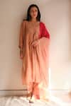 Buy_Juanita By Shubhda_Peach Chanderi Embroidery Split V-neck Salmon Handwoven Kurta Set _at_Aza_Fashions