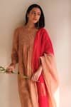 Juanita By Shubhda_Peach Chanderi Embroidery Split V-neck Salmon Handwoven Kurta Set _at_Aza_Fashions