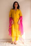 Juanita By Shubhda_Fuchsia Organza, Chanderi Embroidery, Zari Inara Ochre Handwoven Kurta Set _Online_at_Aza_Fashions