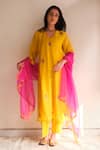 Buy_Juanita By Shubhda_Fuchsia Organza, Chanderi Embroidery, Zari Inara Ochre Handwoven Kurta Set _at_Aza_Fashions