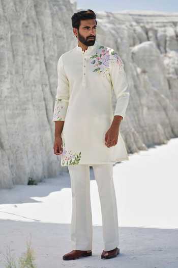 Buy_Amrit Dawani_Yellow Modal, Silk, Cotton Amber Ray Hand Painted Kurta Set _at_Aza_Fashions