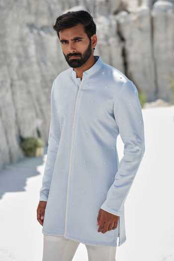 Buy_Amrit Dawani_Blue Modal, Silk, Cotton Embroidery Sapphire Veil Kurta Set _Online_at_Aza_Fashions