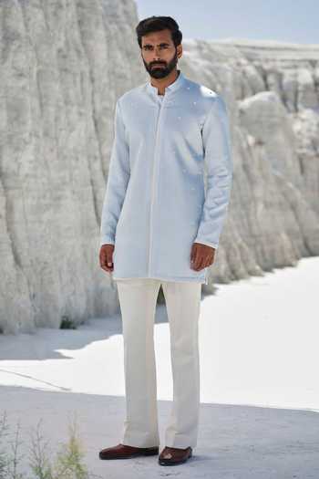 Buy_Amrit Dawani_Blue Modal, Silk, Cotton Embroidery Sapphire Veil Kurta Set _at_Aza_Fashions