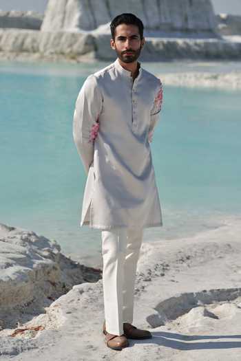 Shop_Amrit Dawani_Grey Silk, Modal, Cotton Celestial Blossom Hand Painted Kurta Set _Online_at_Aza_Fashions