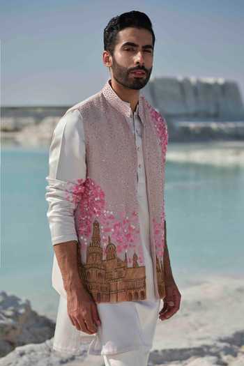 Shop_Amrit Dawani_Grey Modal, Silk, Organza, Cotton Embroidery, Rosewood Heritage Bundi Kurta Set 