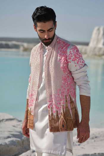 Amrit Dawani_Grey Modal, Silk, Organza, Cotton Embroidery, Rosewood Heritage Bundi Kurta Set _Online