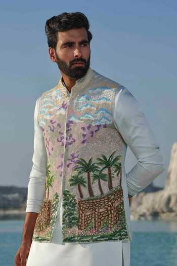 Shop_Amrit Dawani_Green Modal, Silk, Organza, Cotton Embroidery Oasis Mirage Bundi Jacket Set 