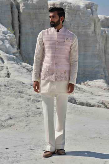 Buy_Amrit Dawani_Ivory Chanderi, Silk Embroidery Rosette Majesty Bundi Jacket Set _at_Aza_Fashions