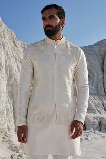 Buy_Amrit Dawani_Ivory Silk, Modal, Organza, Cotton Embroidery, Beads, Pearls Horizon Bundi Set _Online_at_Aza_Fashions