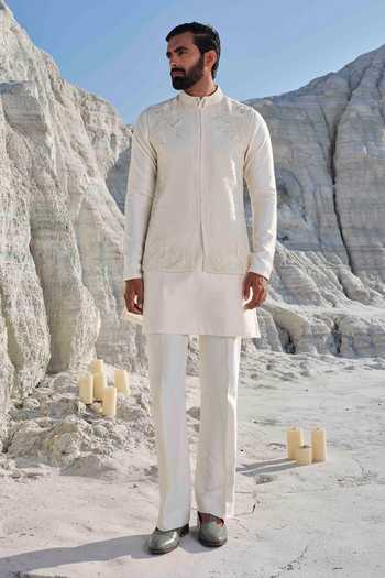 Buy_Amrit Dawani_Ivory Silk, Modal, Organza, Cotton Embroidery, Beads, Pearls Horizon Bundi Set _at_Aza_Fashions