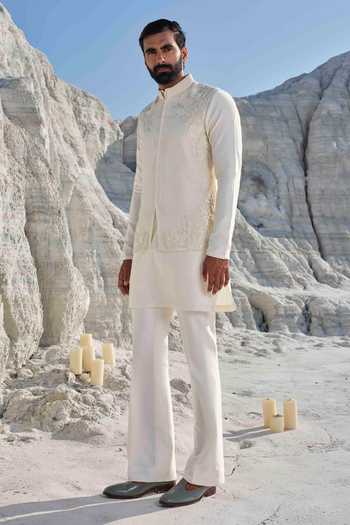 Amrit Dawani_Ivory Silk, Modal, Organza, Cotton Embroidery, Beads, Pearls Horizon Bundi Set _at_Aza_Fashions