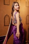 Buy_Dajwaree_Purple Silk, Crepe, Velvet Embroidery V-neck Nalini Border Saree With Blouse _Online_at_Aza_Fashions
