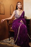 Shop_Dajwaree_Purple Silk, Crepe, Velvet Embroidery V-neck Nalini Border Saree With Blouse _Online_at_Aza_Fashions