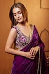 Dajwaree_Purple Silk, Crepe, Velvet Embroidery V-neck Nalini Border Saree With Blouse _at_Aza_Fashions