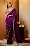 Buy_Dajwaree_Purple Silk, Crepe, Velvet Embroidery V-neck Nalini Border Saree With Blouse _at_Aza_Fashions