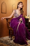 Buy_Dajwaree_Purple Silk, Crepe, Velvet Embroidery V-neck Nalini Border Saree With Blouse 