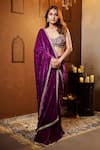 Dajwaree_Purple Silk, Crepe, Velvet Embroidery V-neck Nalini Border Saree With Blouse _Online_at_Aza_Fashions