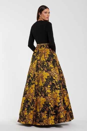 Shop_Mac Duggal_Black Polyester Zari, Metallic Thread Round Neck Floral Pattern Gown _at_Aza_Fashions
