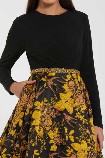 Buy_Mac Duggal_Black Polyester Zari, Metallic Thread Round Neck Floral Pattern Gown _Online_at_Aza_Fashions