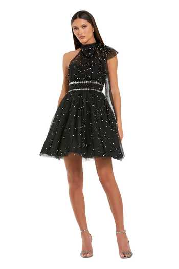 Buy_Mac Duggal_Black Polyester Beads, Pearls, Rhinestones High Neck Embellished Dress _at_Aza_Fashions