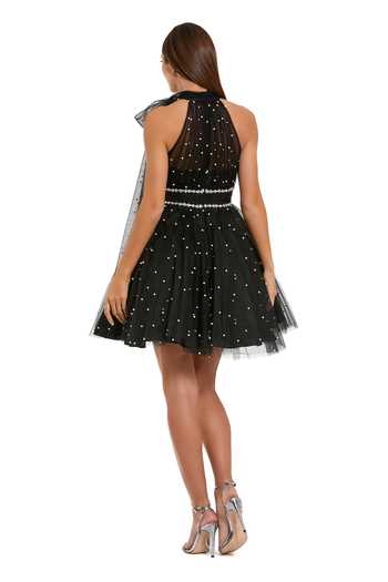 Shop_Mac Duggal_Black Polyester Beads, Pearls, Rhinestones High Neck Embellished Dress _at_Aza_Fashions