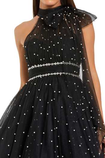 Mac Duggal_Black Polyester Beads, Pearls, Rhinestones High Neck Embellished Dress _Online_at_Aza_Fashions