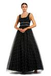 Buy_Mac Duggal_Black Polyester Pearls, Rhinestones Square Neck Embellished Gown _at_Aza_Fashions