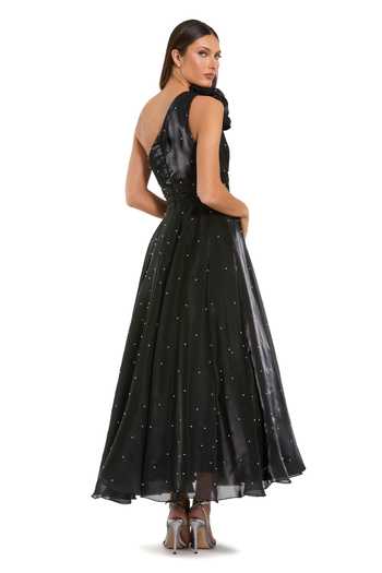 Shop_Mac Duggal_Black Polyester Pearls, Fabric Flowers One Shoulder Embellished Dress _at_Aza_Fashions