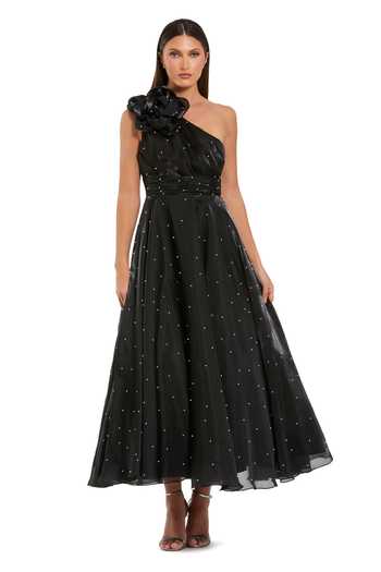 Buy_Mac Duggal_Black Polyester Pearls, Fabric Flowers One Shoulder Embellished Dress _at_Aza_Fashions