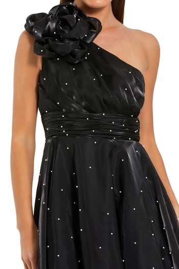 Mac Duggal_Black Polyester Pearls, Fabric Flowers One Shoulder Embellished Dress _Online_at_Aza_Fashions