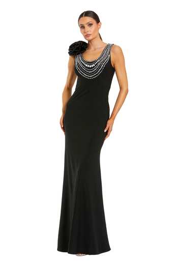 Buy_Mac Duggal_Black Jersey Beads, Crystals, Fabric Flowers Scoop Beaded Embellished Dress _at_Aza_Fashions